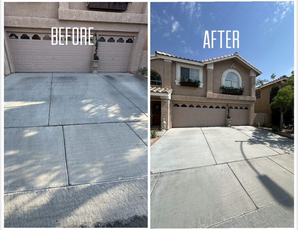 professional residential pressure washing in Las Vegas cleaning a driveway and home exterior, removing dirt, oil stains, and buildup for a like-new finish